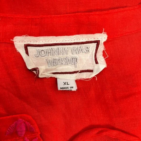 NWOT Johnny Was Ramie Embroidery Ruffles Red Luciana Tie Front Sleeve Dress XL